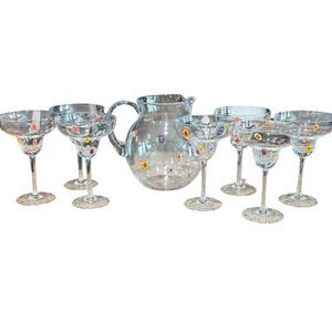 Crate & Barrel Spree Margarita Glasses (7) & Pitcher Set Confetti Millefiori